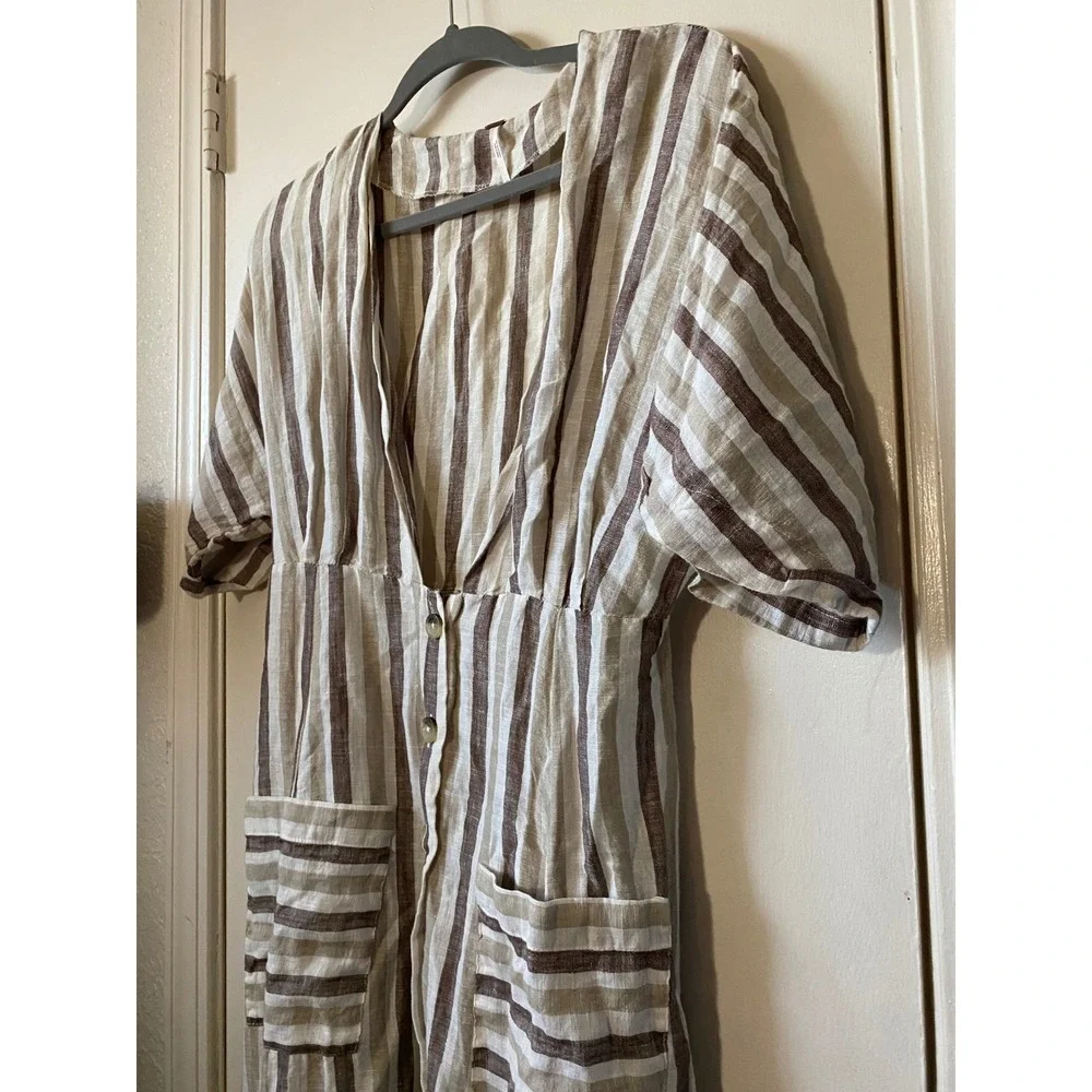 Free People Striped Midi Dress in Cream and Taupe